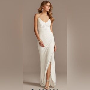 David’s Bridal Studio
Ruched Skinny Strap Dress with Lace Slit
In Soft White